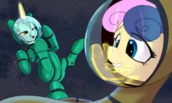 Size: 5000x3000 | Tagged: safe, artist:xbi, derpibooru import, bon bon, lyra heartstrings, sweetie drops, earth pony, pony, unicorn, astronaut, butt, eye clipping through hair, hand, laughing, magic, magic hands, plot, space, spacesuit, tabun art-battle finished after, touch, touching face