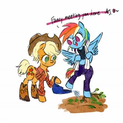 Size: 2048x2048 | Tagged: safe, artist:laya-21, derpibooru import, applejack, rainbow dash, earth pony, pegasus, pony, alternate hairstyle, appledash, bipedal, boots, clothes, cowboy boots, cowboy hat, female, hat, lesbian, mare, no pupils, rainbow douche, shipping, shirt, shoes, simple background, watering can, white background