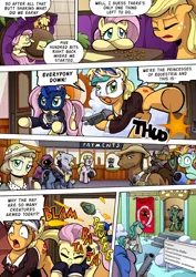 Size: 1204x1700 | Tagged: safe, artist:tarkron, derpibooru import, applejack, fluttershy, princess celestia, princess luna, earth pony, gryphon, pegasus, pony, yak, comic:what happens in las pegasus, ak-47, assault rifle, bank, bank robbery, bomb, butt, clothes, cultist, enter the gungeon, female, gun, mare, mask, plot, rifle, rocket launcher, running, underhoof, weapon