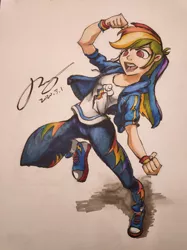 Size: 1280x1707 | Tagged: safe, artist:musical ray, derpibooru import, rainbow dash, human, pegasus, equestria girls, equestria girls series, active, active stretch, clothes, fight, fighter, hand drawing, humanized, leggings, marker, marker drawing, rainbow, sports, traditional art