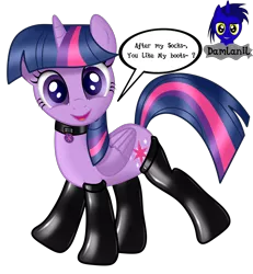 Size: 3840x4154 | Tagged: safe, artist:damlanil, derpibooru import, twilight sparkle, twilight sparkle (alicorn), alicorn, pony, boots, clothes, collar, cute, female, horn, latex, looking at you, makeup, mare, raised hoof, rubber, shiny, shiny mane, shoes, show accurate, simple background, smiling, solo, talking to viewer, transparent background, twiabetes, vector, wings