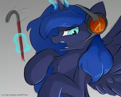 Size: 1000x800 | Tagged: safe, artist:d.w.h.cn, derpibooru import, princess luna, alicorn, pony, gamer luna, angry, chest fluff, crowbar, ear fluff, female, frown, glare, gray background, half-life, headphones, headset, leg fluff, levitation, looking at you, magic, mare, microphone, nightmare luna, nose wrinkle, open mouth, rearing, simple background, slit eyes, solo, spread wings, telekinesis, wings