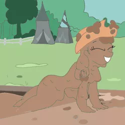 Size: 694x697 | Tagged: artist needed, safe, derpibooru import, rarity, equestria girls, sisterhooves social, applejack's hat, cowboy hat, equestria girls interpretation, hat, mud, muddy, scene interpretation