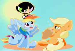 Size: 3200x2200 | Tagged: safe, artist:j5ajj, derpibooru import, applejack, rainbow dash, buttercup (powerpuff girls), crossover, digital art, the powerpuff girls