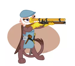 Size: 1824x1596 | Tagged: safe, artist:camo-pony, derpibooru import, gimme moore, gryphon, apron, bipedal, clothes, female, flat cap, hammer, hat, musket, simple background, solo, weapon