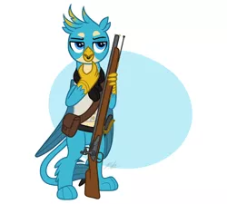 Size: 1872x1684 | Tagged: source needed, safe, artist:camo-pony, derpibooru import, gallus, gryphon, beak hold, bipedal, clothes, flintlock, gun, male, musket, pale belly, simple background, solo, standing, weapon