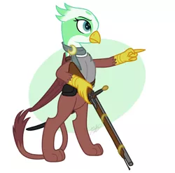 Size: 1700x1670 | Tagged: safe, artist:camo-pony, derpibooru import, greta, gryphon, armor, bipedal, breastplate, clothes, female, musket, scarf, simple background, solo, weapon