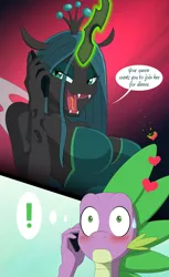 Size: 812x1323 | Tagged: suggestive, artist:culu-bluebeaver, derpibooru import, queen chrysalis, spike, anthro, changeling, changeling queen, dragon, blushing, breasts, busty queen chrysalis, chryspike, crown, fangs, female, heart, horn, jewelry, magic, magic aura, male, phone, phone call, regalia, reversalis, shipping, simple background, smiling, speech bubble, straight, surprised face, sweat, sweatdrop, thought bubble