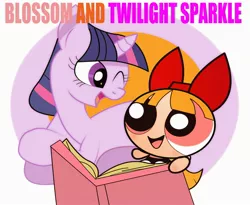 Size: 2800x2300 | Tagged: safe, artist:j5ajj, derpibooru import, twilight sparkle, blossom (powerpuff girls), book, crossover, digital art, simple background, smiling, the powerpuff girls