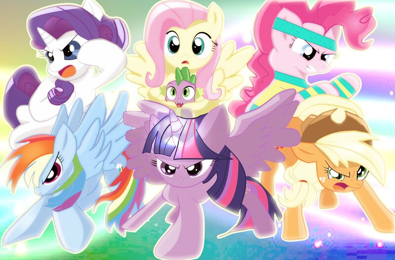 Size: 3500x2300 | Tagged: safe, artist:j5ajj, derpibooru import, applejack, fluttershy, pinkie pie, rainbow dash, rarity, spike, twilight sparkle, alicorn, digital art, mane six, ready to fight, twilight sparkle (alicorn)