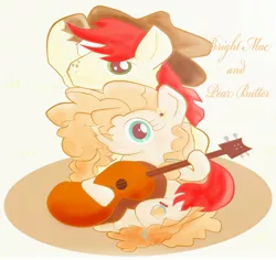 Size: 2000x1888 | Tagged: safe, artist:j5ajj, derpibooru import, bright mac, pear butter, the perfect pear, applejack's hat, brightbutter, cowboy hat, digital art, female, guitar, hat, male, musical instrument, one eye closed, shipping, straight, wink