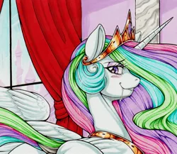 Size: 1924x1672 | Tagged: suggestive, artist:longinius, derpibooru import, princess celestia, alicorn, pony, art pack:ur-in-trouble, blushing, canterlot, canterlot castle, crown, curtains, dock, eyelashes, female, horn, implied urine, jewelry, looking at you, looking back, looking back at you, mare, multicolored mane, multicolored tail, peytral, preview, raised tail, regalia, salivating, solo, solo female, spread wings, tail, traditional art, window, wingding eyes, wings