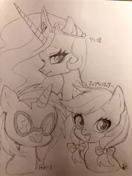 Size: 768x1024 | Tagged: safe, artist:raimugi____, derpibooru import, apple fritter, princess celestia, vinyl scratch, apple family member, bow, crown, hair bow, japanese, jewelry, moon runes, pencil drawing, pigtails, regalia, sketch, smiling, sunglasses, traditional art
