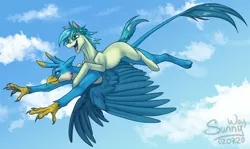 Size: 1200x714 | Tagged: source needed, useless source url, safe, artist:sunny way, derpibooru import, gallus, sandbar, earth pony, gryphon, pony, claws, cloud, duo, flying, friends, general, happy, hooves, male, missing cutie mark, open mouth, patreon, patreon reward, ponies riding griffons, riding, sandbar riding gallus, sky, smiling, stallion, wings
