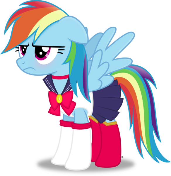 Size: 3211x3299 | Tagged: safe, artist:anime-equestria, derpibooru import, rainbow dash, pegasus, pony, blushing, boots, bow, clothes, cute, female, gloves, grumpy, grumpy dash, jewelry, mare, necklace, rainbow dash is not amused, sailor moon, sailor uniform, shoes, simple background, skirt, solo, transparent background, unamused, uniform, vector, wings