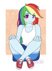 Size: 994x1351 | Tagged: safe, artist:puetsua, derpibooru import, rainbow dash, equestria girls, anime, blue skin, blushing, breasts, clothes, crossed legs, cute, dashabetes, eye clipping through hair, female, hands on knees, happy, long hair, multicolored hair, no pupils, no socks, patterned background, pink eyes, rainbow hair, shoes, shorts, sitting, sitting on floor, small breasts, smiling, sneakers, solo, sporty style, tanktop, watermark