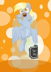 Size: 1024x1449 | Tagged: safe, artist:mimicproductions, derpibooru import, derpy hooves, pegasus, pony, colored pupils, cute, derpabetes, female, food, jar, mare, mouth hold, muffin, orange background, pony in a bottle, simple background, solo