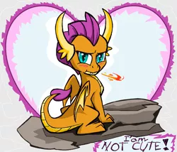 Size: 1416x1210 | Tagged: artist:sallycars, blatant lies, blushing, cute, denial's not just a river in egypt, derpibooru import, dragon, dragoness, dragonfire, female, fire, fire breath, heart, i'm not cute, looking at you, rock, safe, sitting, smolder, smolderbetes, smoldere, solo, tsundere