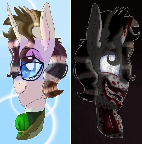 Size: 1280x1295 | Tagged: semi-grimdark, artist:pokemonfan111, derpibooru import, oc, monster pony, pony, undead, unicorn, zombie, blood, cute, eye clipping through hair, sharp teeth, spoopy, teeth