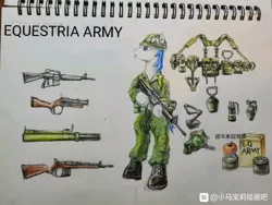 Size: 720x540 | Tagged: safe, artist:eds233, derpibooru import, oc, earth pony, pony, assault rifle, chinese text, fanfic art, grenade, grenade launcher, gun, helmet, m14, m16, m72, m79, military, military uniform, moon runes, rifle, rocket launcher, smoke grenade, solo, standing, vietnam war, weapon