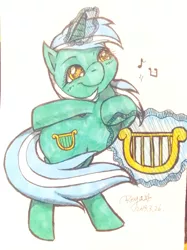 Size: 1532x2048 | Tagged: safe, artist:roya, derpibooru import, lyra heartstrings, female, lyre, magic, marker drawing, musical instrument, playing instrument, solo, traditional art