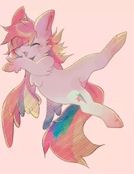 Size: 500x647 | Tagged: safe, artist:tigr, derpibooru import, rainbow dash, pegasus, pony, backwards cutie mark, chest fluff, cute, dashabetes, ear fluff, eye clipping through hair, female, leg fluff, mare, one eye closed, open mouth, pink background, simple background, solo, unshorn fetlocks, wink