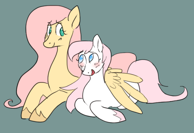 Size: 670x461 | Tagged: safe, artist:greenarsonist, derpibooru import, fluttershy, nurse redheart, fanfic:in quiet moments, blushing, cis, cis girl, female, flutterheart, hooves, lesbian, looking at each other, shipping, trans female, transgender, unshorn fetlocks, wings