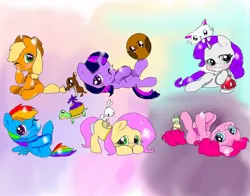 Size: 1080x848 | Tagged: safe, artist:bellas.den, derpibooru import, angel bunny, applejack, fluttershy, gummy, opalescence, owlowiscious, pinkie pie, rainbow dash, rarity, tank, twilight sparkle, winona, alligator, bird, cat, earth pony, owl, pegasus, pony, rabbit, tortoise, unicorn, animal, cute, female, hat, male, mane six, mare, on back, one eye closed, sitting, smiling, unicorn twilight, wink