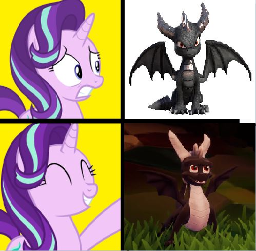 Size: 499x489 | Tagged: safe, derpibooru import, edit, starlight glimmer, dragon, unicorn, dark spyro, drake, female, male, meme, ponified meme, skylanders academy, spyro reignited trilogy, spyro the dragon