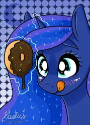 Size: 4133x5787 | Tagged: safe, artist:madkadd, derpibooru import, princess luna, alicorn, pony, absurd resolution, blushing, bust, cute, donut, ethereal mane, eyebrows, female, food, glowing horn, horn, hungry, licking, licking lips, lunabetes, magic, mare, polka dot background, signature, simple background, solo, starry mane, telekinesis, tongue out