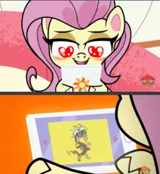 Size: 1303x1422 | Tagged: safe, derpibooru import, edit, edited screencap, screencap, discord, fluttershy, campfire stories, my little pony: pony life, spoiler:pony life s01e11, spoiler:pony life s01e16, blushing, discoshy, female, flexing, flirty, funny, heart eyes, male, muscles, pictures, ponies with technology, seductive look, shipping, straight, sunglasses, tablet, technology, wingding eyes