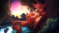 Size: 3840x2160 | Tagged: safe, artist:sugaryviolet, derpibooru import, oc, oc:fynnegan, gryphon, against tree, chillaxing, cute, eyes closed, griffon oc, handsome, high res, male, river, scenery, signature, smiling, solo, tree, tree branch, waterfall