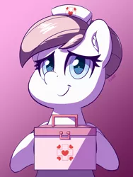 Size: 1500x2000 | Tagged: safe, artist:esfelt, derpibooru import, nurse redheart, earth pony, pony, cute, ear fluff, female, hat, looking at you, mare, medkit, nurse hat, pink background, signature, simple background, smiling, solo