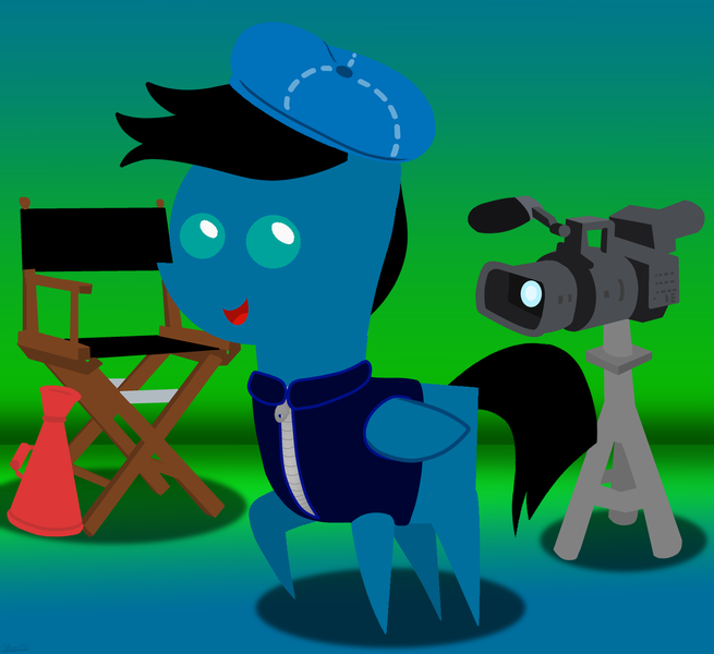 Size: 7200x6600 | Tagged: safe, artist:agkandphotomaker2000, derpibooru import, oc, oc:pony video maker, pegasus, pony, camera, chair, clothes, director's chair, director's hat, jacket, looking at you, megaphone, pointy ponies, solo, tripod, video camera