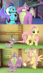 Size: 1920x3240 | Tagged: safe, artist:red4567, derpibooru import, fluttershy, princess ember, spike, dragon, pegasus, pony, 3d, age progression, anime, bipedal, comic, computer, cup, cutie mark, dialogue, dragon day, excessive exclamation marks, exclamation point, female, fluttershy's cottage, flying, folded wings, food, gigachad spike, horns, jojo's bizarre adventure, laptop computer, lidded eyes, looking away, male, mane, mare, maturity, older, older spike, open mouth, otakushy, plate, sfm pony, shocked, shrunken pupils, sitting, source filmmaker, spikes, tail, tea, teacup, teapot, tray, trotting, twilight's castle, unsure, watching, winged spike, wings