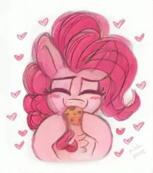 Size: 512x578 | Tagged: safe, artist:pink-pone, derpibooru import, pinkie pie, blushing, chest fluff, cute, diapinkes, eating, eyes closed, floating heart, food, heart, muffin, simple background, white background