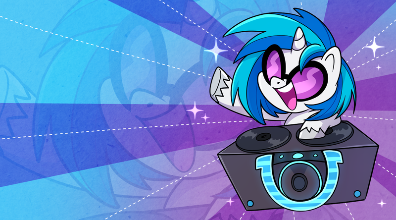 Size: 1450x805 | Tagged: safe, artist:techycutie, derpibooru import, vinyl scratch, pony, unicorn, my little pony: pony life, dj booth, female, mare, open mouth, solo, turntable, vinyl disc, zoom layer