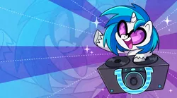 Size: 1450x805 | Tagged: safe, artist:techycutie, derpibooru import, vinyl scratch, pony, unicorn, my little pony: pony life, dj booth, female, mare, open mouth, solo, turntable, vinyl disc, zoom layer