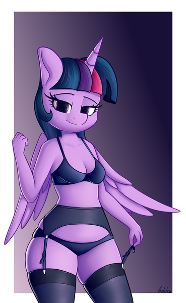 Size: 2106x3428 | Tagged: suggestive, artist:andelai, derpibooru import, twilight sparkle, alicorn, anthro, adorasexy, bra, breasts, cleavage, clothes, cute, female, garter belt, lingerie, looking at you, panties, sexy, simple background, socks, solo, solo female, stockings, thigh highs, twilight sparkle (alicorn), underwear, wide hips