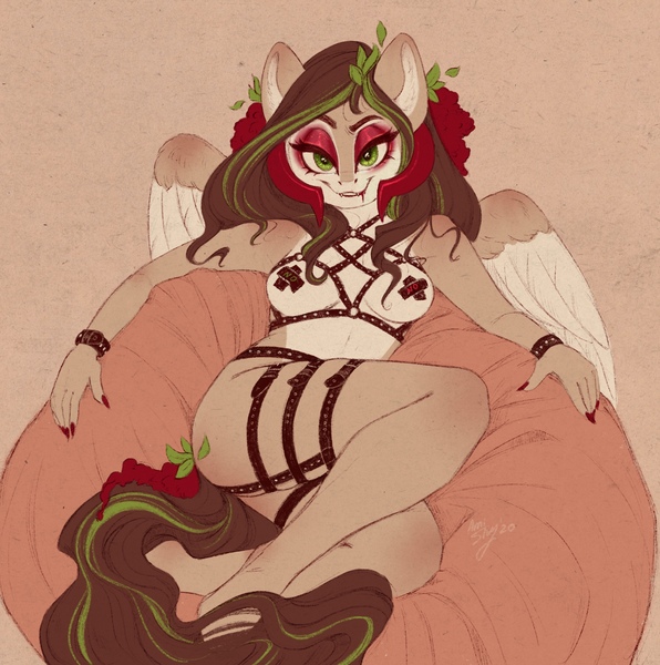 Size: 1999x2014 | Tagged: questionable, artist:amishy, derpibooru import, oc, oc:helemaranth, unofficial characters only, anthro, pegasus, breasts, eyeshadow, female, horns, looking at you, makeup, nipple tape, pale belly, pasties, skindentation, solo