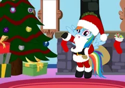 Size: 1024x716 | Tagged: artist needed, safe, derpibooru import, rainbow dash, pegasus, pony, bipedal, boots, chimney, christmas, christmas stocking, christmas tree, clothes, costume, fake beard, female, fireplace, hat, holiday, looking at you, mare, present, raised hoof, sack, santa claus, santa costume, santa hat, shoes, solo, tree, wings