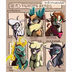 Size: 1080x1080 | Tagged: safe, artist:artmadebyred, derpibooru import, arizona cow, oleander (tfh), paprika paca, pom lamb, tianhuo, velvet reindeer, alpaca, classical unicorn, cow, deer, dragon, hybrid, longma, reindeer, sheep, unicorn, six fanarts, them's fightin' herds, antlers, bust, cloven hooves, community related, curved horn, eyelashes, female, fightin' six, frown, horn, lamb, leonine tail, mane of fire, neckerchief, open mouth, signature, smiling, unshorn fetlocks