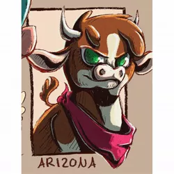 Size: 1080x1080 | Tagged: alternate version, arizona cow, artist:artmadebyred, bust, community related, cow, derpibooru import, female, horns, neckerchief, open mouth, safe, smiling, solo, them's fightin' herds