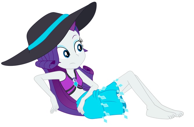 Size: 668x438 | Tagged: safe, artist:marcorois, derpibooru import, edit, editor:thomasfan45, vector edit, rarity, human, equestria girls, equestria girls series, forgotten friendship, bare arms, barefoot, belly button, bikini, clothes, cute, feet, female, geode of shielding, hat, legs, looking to side, magical geodes, midriff, sarong, simple background, sitting, solo, sun hat, swimsuit, vector, white background