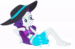 Size: 668x438 | Tagged: safe, artist:marcorois, derpibooru import, edit, editor:thomasfan45, vector edit, rarity, human, equestria girls, equestria girls series, forgotten friendship, bare arms, barefoot, belly button, bikini, clothes, cute, feet, female, geode of shielding, hat, legs, looking to side, magical geodes, midriff, sarong, simple background, sitting, solo, sun hat, swimsuit, vector, white background