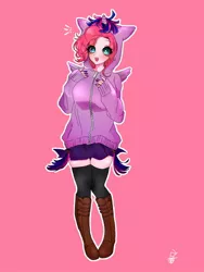 Size: 768x1024 | Tagged: safe, artist:raimugi____, derpibooru import, pinkie pie, human, anime, boots, clothes, digital art, female, hoodie, humanized, shoes, socks, solo, stockings, thigh highs