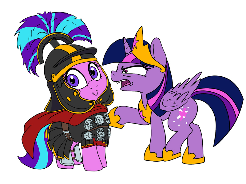 Size: 900x675 | Tagged: safe, artist:slamjam, derpibooru import, starlight glimmer, twilight sparkle, alicorn, angery, cape, centurion, clothes, helmet, historical roleplay starlight, roman, simple background, starlight is very amused, this will end in rebellion, this will end in revolution, trollight glimmer, twilight is not amused, twilight sparkle (alicorn), unamused, white background