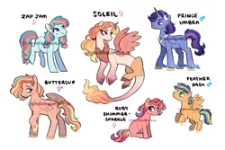 Size: 3600x2400 | Tagged: safe, artist:dreamscapevalley, derpibooru import, oc, oc:buttercup, oc:feather dash, oc:prince umbra, oc:princess soleil, oc:ruby shimmer-sparkle, oc:zap jam, unofficial characters only, alicorn, earth pony, hybrid, pegasus, pony, unicorn, blank flank, colt, dappled, draconequus hybrid, ethereal mane, female, filly, freckles, hair accessory, hoof fluff, horn, horn jewelry, interspecies offspring, jewelry, long feather, magical gay spawn, magical lesbian spawn, male, mare, necklace, next generation, offspring, parent:applejack, parent:big macintosh, parent:discord, parent:flash sentry, parent:fluttershy, parent:princess celestia, parent:princess luna, parent:rainbow dash, parent:sunburst, parent:sunset shimmer, parent:tempest shadow, parent:twilight sparkle, parents:appledash, parents:dislestia, parents:flashburst, parents:fluttermac, parents:sunsetsparkle, parents:tempestluna, simple background, stallion, unshorn fetlocks, watermark, white background