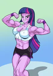 Size: 2480x3508 | Tagged: suggestive, artist:art-2u, derpibooru import, twilight sparkle, human, equestria girls, abs, alpha female, armpits, biceps, breasts, clothes, commission, confident, dolphin shorts, erect nipples, female, flexing, flexing muscles, front view, gradient background, grin, gym clothes, heroine, image, jpeg, lidded eyes, looking at you, multicolored hair, muscles, muscular female, nipple outline, pose, purple eyes, purple skin, shadow, shorts, showing off, side slit, smiling, solo, solo female, sports bra, sports shorts, standing, tanktop, tomboy, twilight muscle, two toned bottomwear, white topwear, wristband