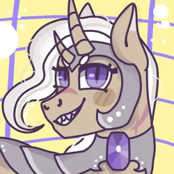 Size: 768x768 | Tagged: safe, artist:valkiria, derpibooru import, oc, oc:valkiria, unofficial characters only, pony, unicorn, armor, fangs, female, gem, grin, horn, jewelry, looking at you, mare, multiple horns, scar, smiling, smiling at you, white mane